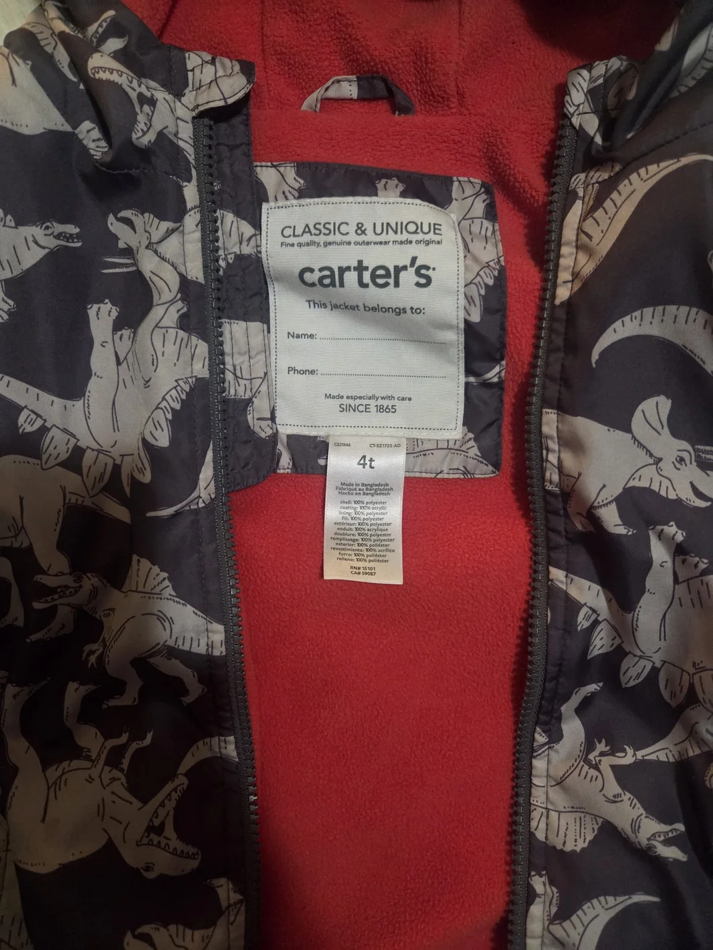Boys 4T Carter's Hoodie Jacket with Dinosaur Print and Red Lining
